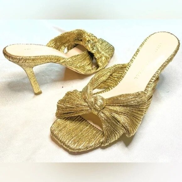 NEW Loeffler Randall Claudia Pleated Bow Heeled Sandal Gold Dress Shoe Size 6.5 - Picture 2 of 8